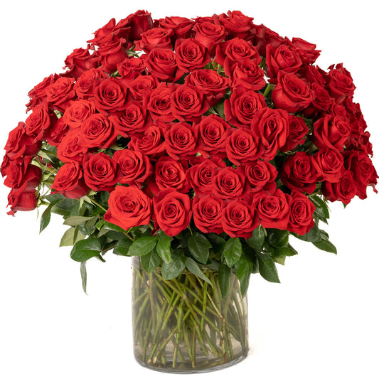 Vibrant red roses elegantly arranged in a clear vase, perfect for any romantic occasion.