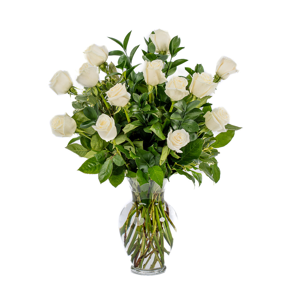 One Dozen White Long Stem Roses