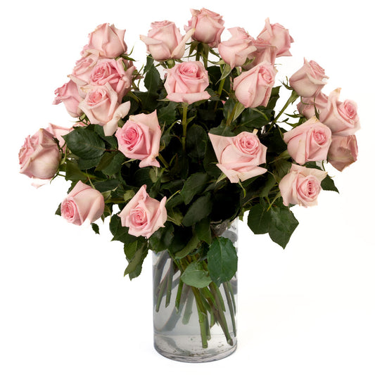 A beautiful bouquet of soft pink roses in a clear glass vase, perfect for any occasion.