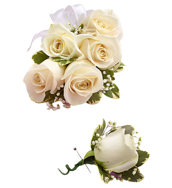 WHITE SPRAY ROSE CORSAGE AND BOUTONNIERE