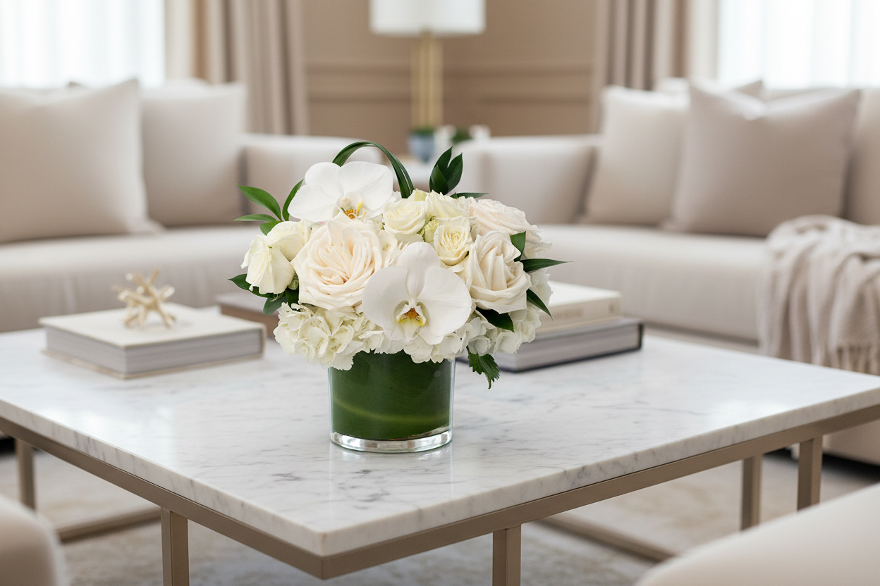 Flower arrangement of white Orchids and roses on a white marble coffee table, living room background