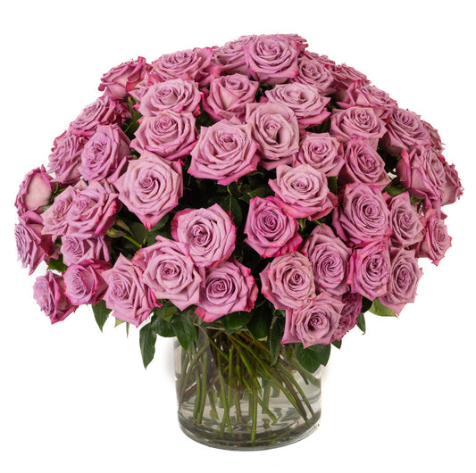 A stunning bouquet of lavender roses beautifully arranged in a clear glass vase. Perfect for any occasion.