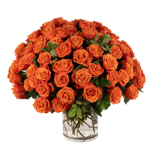 Vibrant orange roses in a glass vase, perfect for adding warmth and color to any space.