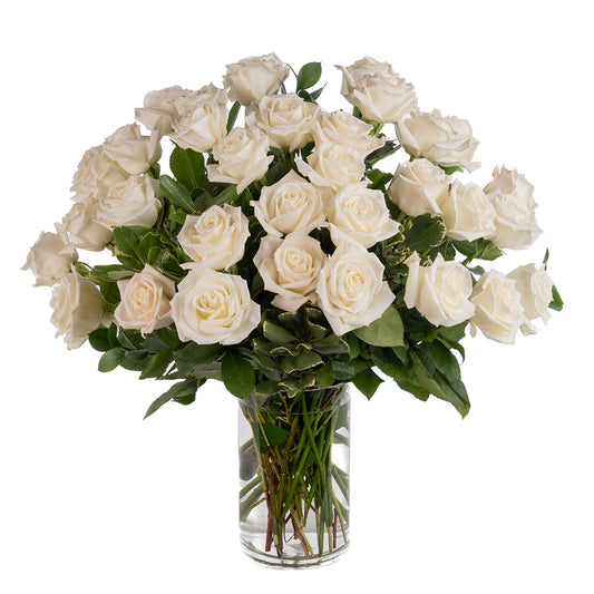A stunning bouquet of fresh white roses arranged in a clear glass vase, perfect for any occasion.