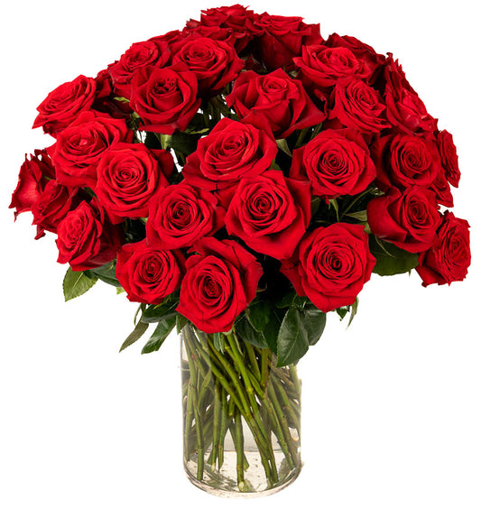 A stunning bouquet of vibrant red roses elegantly arranged in a glass vase, perfect for any occasion.