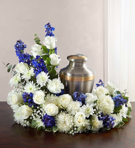 URN WREATH IN BLUE AND WHITE