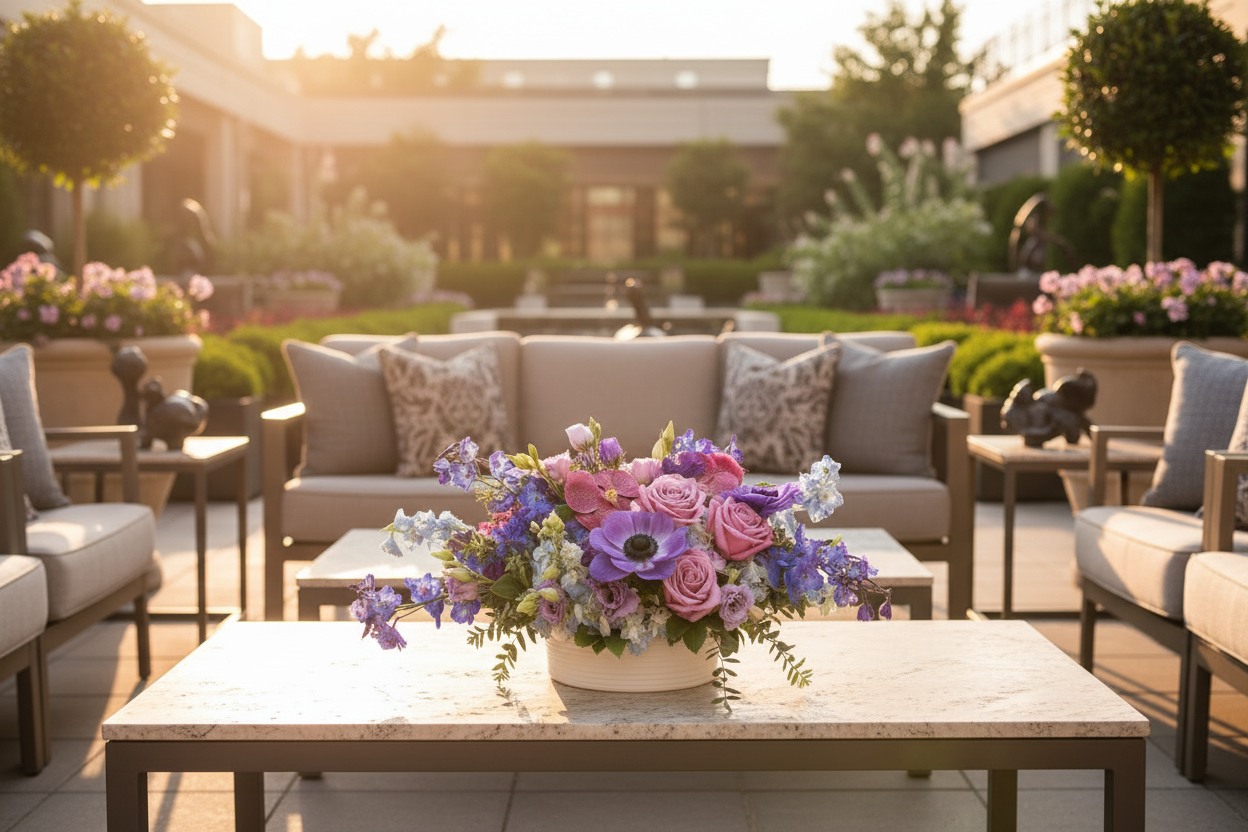 A vibrant floral arrangement featuring purple roses, orchids, and delphiniums in a stylish white vase,South florals offers same day flower delivery