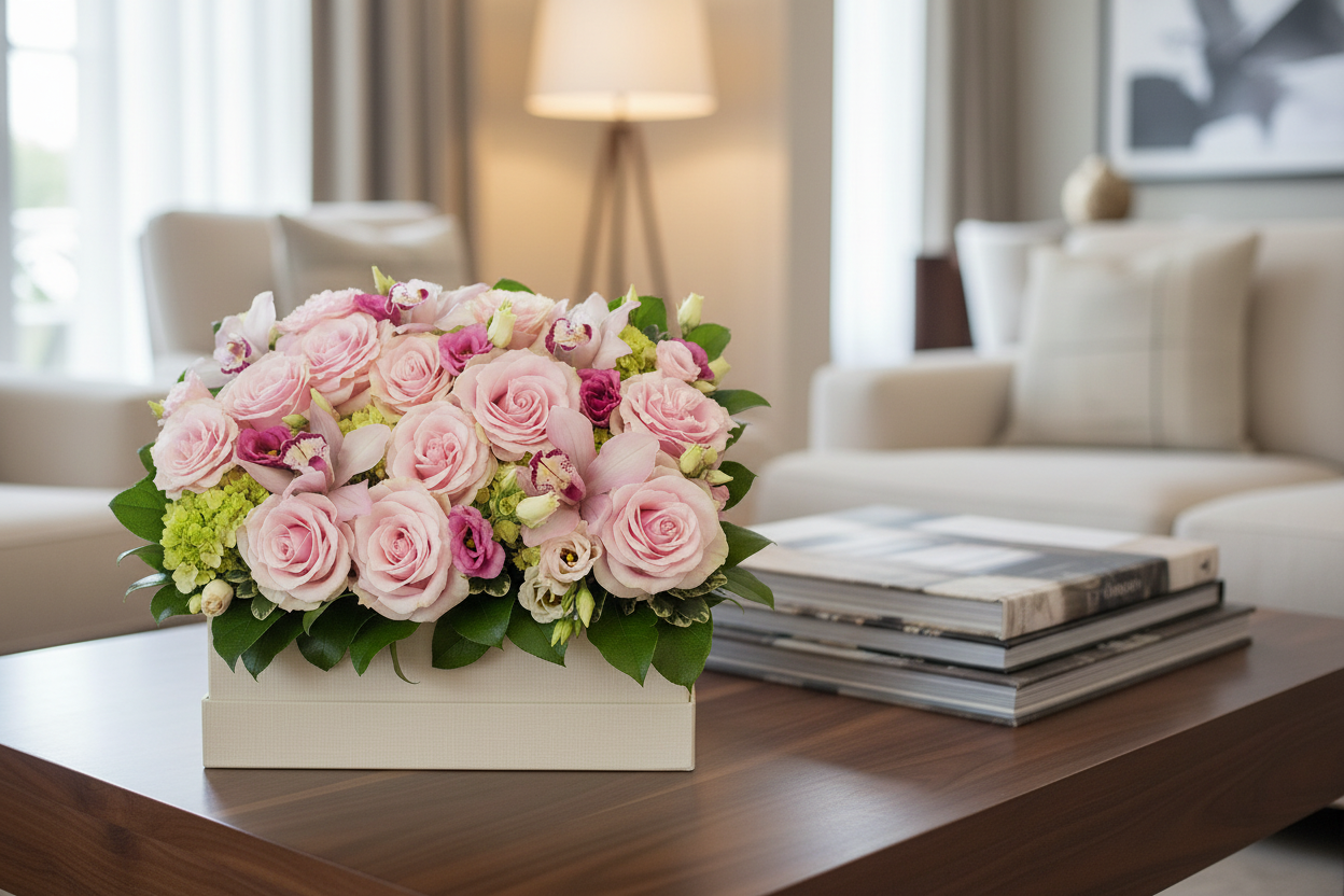 A vibrant arrangement of pink roses, orchids, and delicate greenery,,in a coffee table, perfect for any special occasion