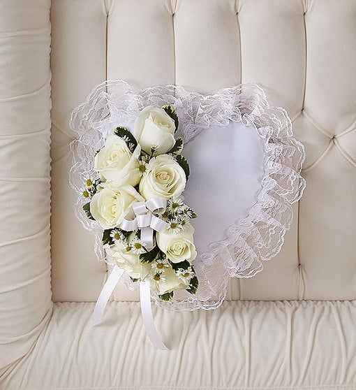 WHITE SATIN HEART PILLOW WITH WHITE ROSE BREAK