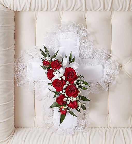 WHITE SATIN PILLOW CROSS WITH RED ROSE BREAK