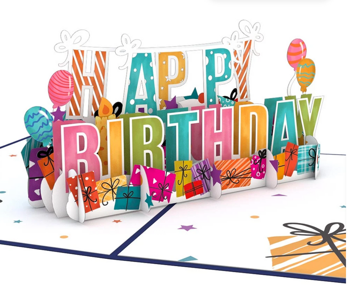 Vibrant pop-up birthday card featuring colorful lettering, balloons, and gift boxes for a festive celebration.