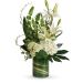 Elegant white floral arrangement in a stylish green vase, showcasing lilies and roses, perfect for any occasion.