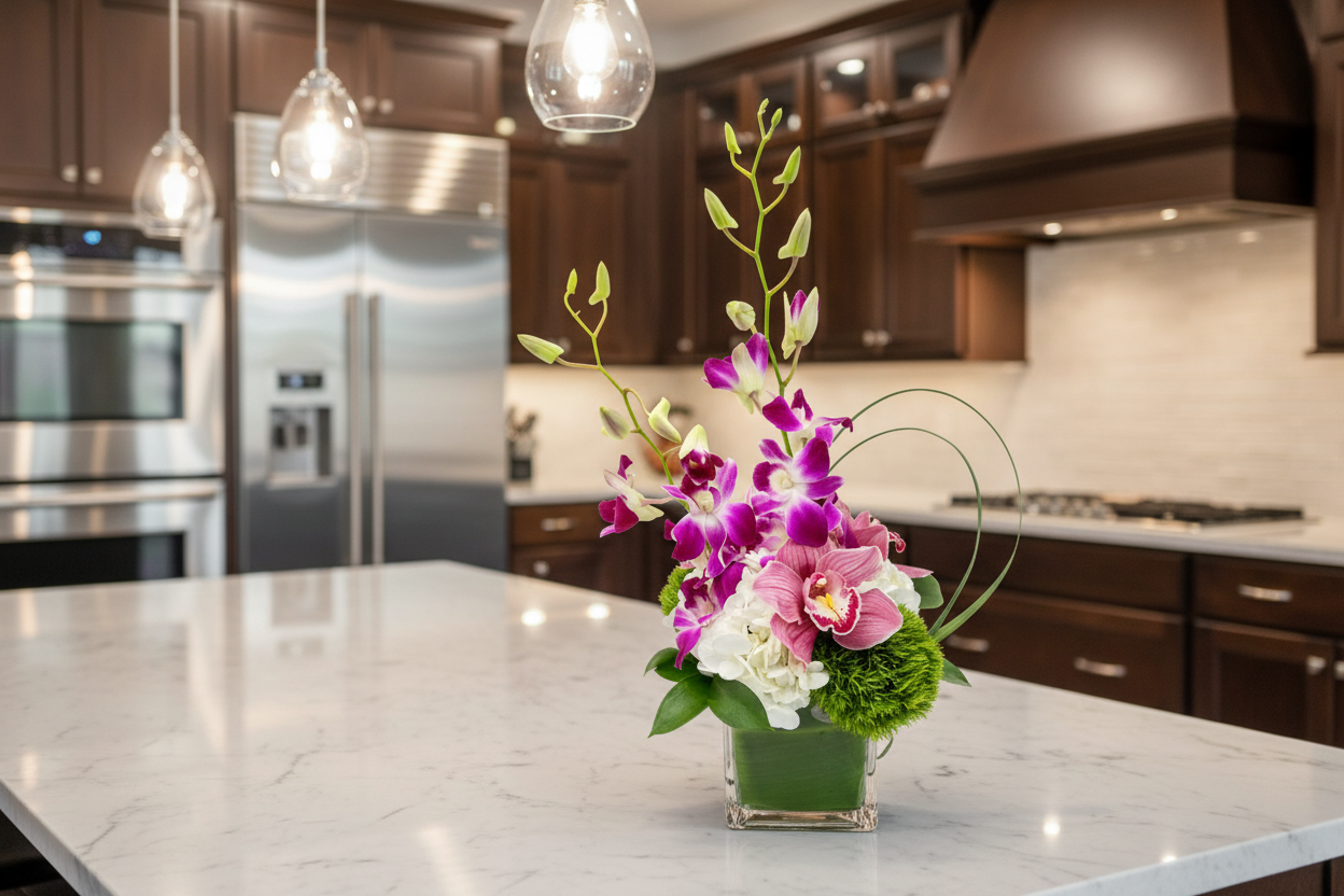Elegant arrangement of purple and white orchids with greenery in a modern glass vase. Perfect for any occasion,available for same day flower delivery