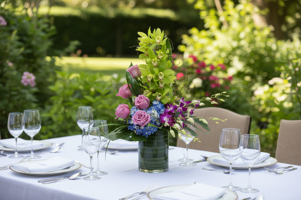 A vibrant floral arrangement featuring pink roses, green orchids, and blue hydrangeas in a stylish glass vase,at the backyard,available for delivery in florida.