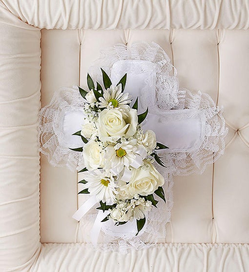 WHITE SATIN CROSS PILLOW WITH WHITE ROSE BREAK